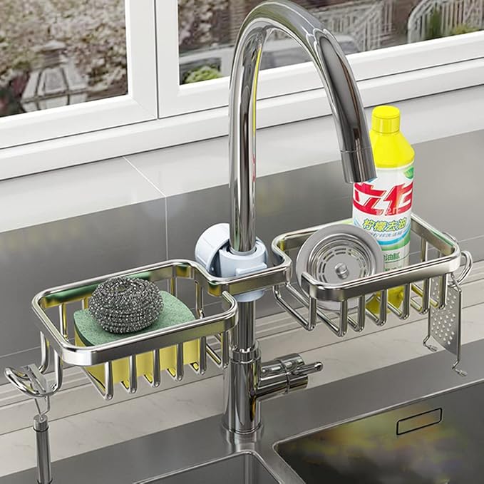 Faucet Sponge Holder Upgraded Kitchen Sink Caddy Organizer with Dish Towel Drying Rack & Hooks Over Faucet Hanging Drain Rack for Sink Organizer (Double, Silver)