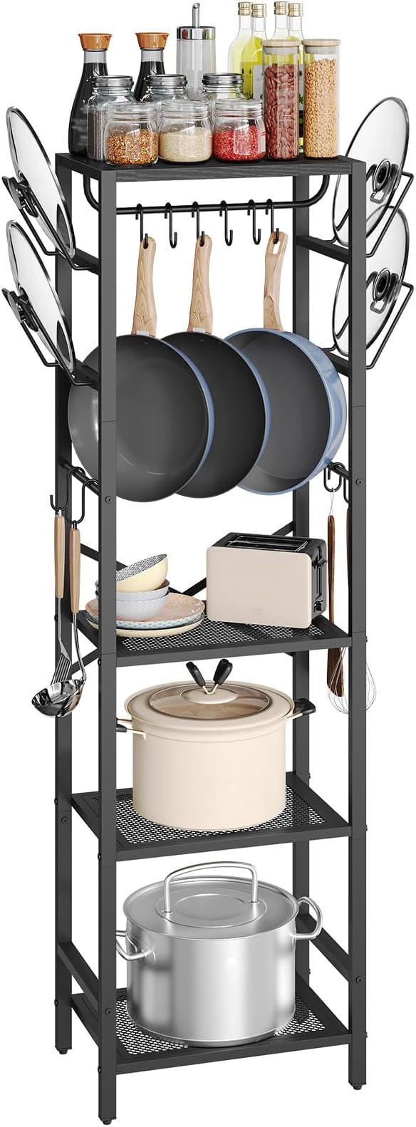 MAHANCRIS 4-Tier Pot Rack, Pots and Pans Organizer for Kitchen, Lid Organizer Rack with U-Shaped Lid Holders, Kitchen Storage Shelf for Standing Cookware, Black POBK3001
