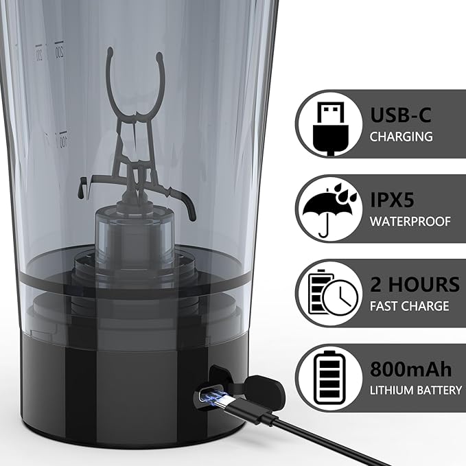 Electric Shaker Bottle, 20 oz Rechargeable Shaker Cup for Protein Mixes and Pre Workout, Portable Gym Protein Blender for Meal Replacement Shakes | Leak-Proof w/Handle | BPA Free (Black)