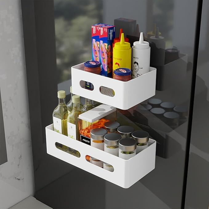 Magnetic Spice Storage Refrigerator Rack Seasoning Organizer Wall-Mounted Shelf with Hook for Kitchen Bathroom Organization (4, White)