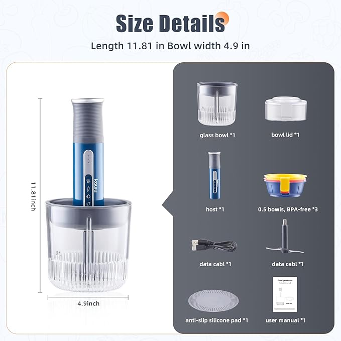 Kawu Cordless Mini Food Processor, Rechargeable Mini Food Chopper for Kitchen, Portable Meat Grinder with 2 Blades, Vegetable Chopper Blenders Shredder for Kitchen Home