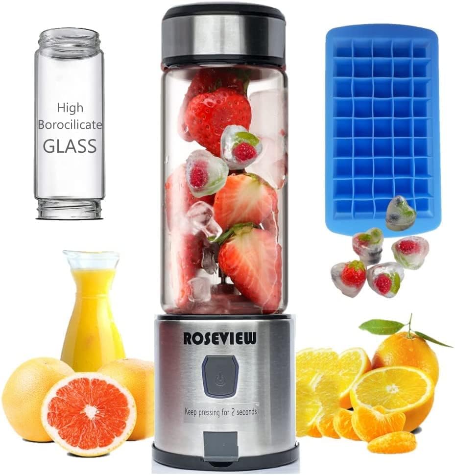 Portable Smoothie Blender ROSEVIEW Glass Cordless Mini Shakes Cup blend for smoothies USB rechargeable juicer 2 battery Handheld Personal travel Jet mixer (Black Steel) (BLKSteel) by BlendingDrinkingSmoothiesinaGlassBottle