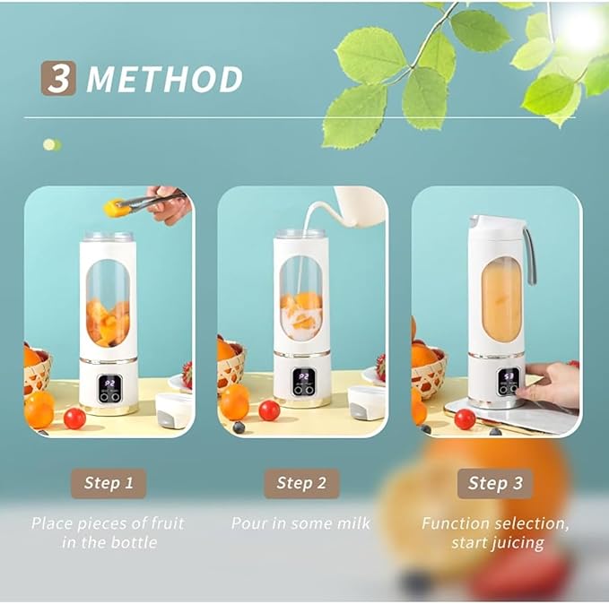 Portable 16oz Wireless Juicer, Portable Blender Personal Electric-Digital Multimode Smart LED Display, 3 Speed12-Blade Fresh Juice Bottle, USB Rechargeable for Shakes and Fruit Juice (White)