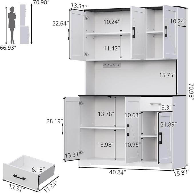 71" Pantry Cabinet,Kitchen Pantry Storage Cabine with Power Outlet,Farmhouse Kitchen Hutch Pantry Cabinet, Tall Hutch with Adjustable Shelf & Door,Food Pantry Storage for Dining Room,Kitchen (White)