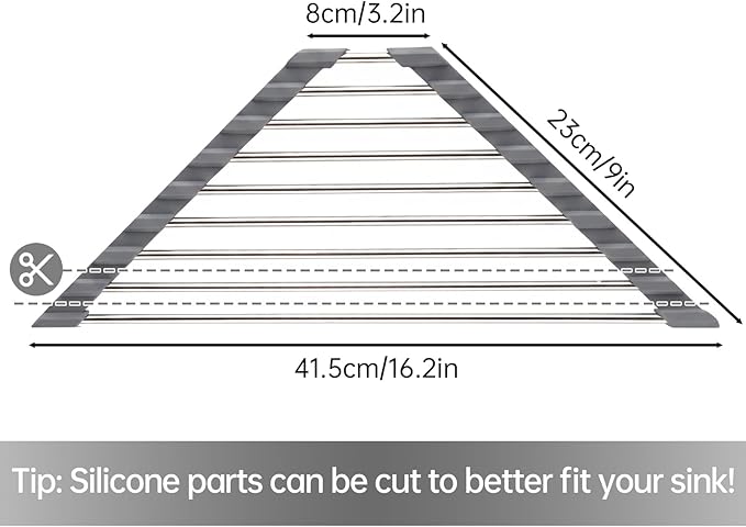 Tomorotec Stainless Steel Triangle Roll-Up Dish Drying Rack for Sink Corners - Foldable Over-The-Sink Multipurpose Kitchen Drainer, Trivet and Shelf - Space-Saving, Rustproof Organizer (Dark Gray)