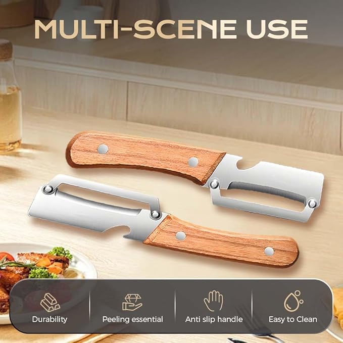 Multifunctional Vegetable Peeler, 2 in 1 Stainless Steel Peeler, Ultra-Sharp Stainless Steel Blade with Wooden Handle and Bottle Opener for Vegetables or Fruits, Kitchen Tool (Wooden)