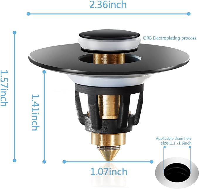 QYHNYJF Black Bathroom Sink Stopper – Pop Up Drain Stopper & Sink Strainer, Universal Sink Plug for 1.1" to 1.5" Bathroom Sink Drain Pipes, Matte Black Finish