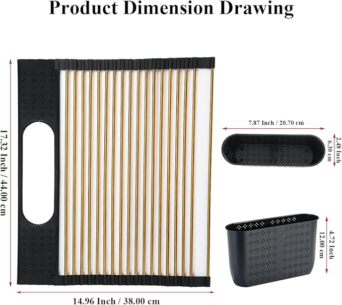 Berglander Gold Dish Drying Rack Over The Sink, L17.5*W 15" Rollable Tianium Golden Plating Stainless Steel Dish Rack with Removable Storage Basket, Perfect for Kitchen Sink