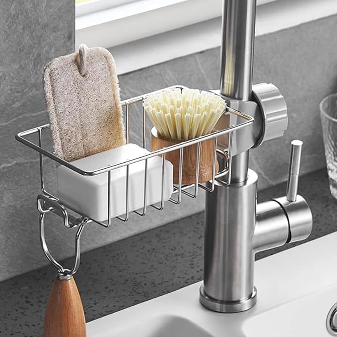 Sponge Holder Over Faucet Kitchen Sink Caddy Organizer, Stainless Steel Hanging Faucet Drain Rack for Soap, Scrubbers & Sponges, Rustproof Chrome Sink Organizer