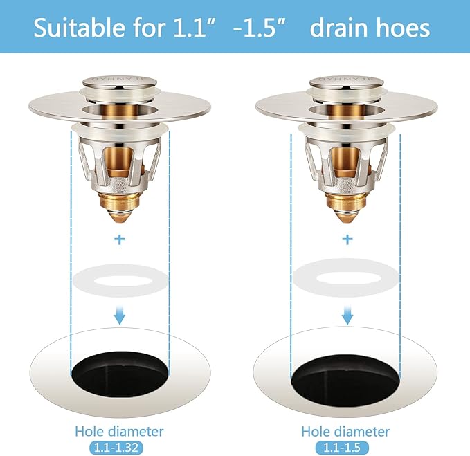 QYHNYJF Bathroom Sink Stoppers Brushed Nickel – Pop Up Drain Stopper & Strainer, 2-in-1 Universal Sink Stopper for 1.1" to 1.5" Bathroom Sink Drain Pipes, Brushed Nickel Finish