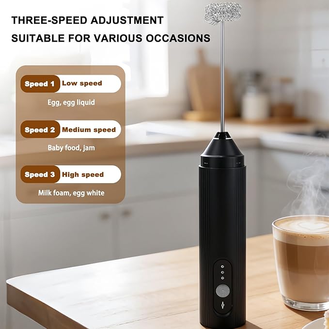 Rechargeable Milk Frother Handheld with Cover, 3-Speed Silent Coffee Frother Wand Electric, Portable Drink Mixer for Coffee Latte Cappuccino Matcha Hot Chocolate & Eggs, Kitchen Gifts, Black