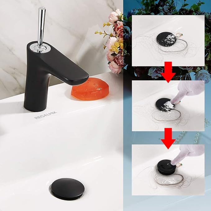 REGALMIX Pop Up Drain, Bathroom Faucet Vessel Vanity Sink Drain Stopper, Built-in Anti-Clogging Strainer, Without Overflow Matt Black,Fits Standard American Drain Hole(1-1/2" to 1-3/4") RWF082G
