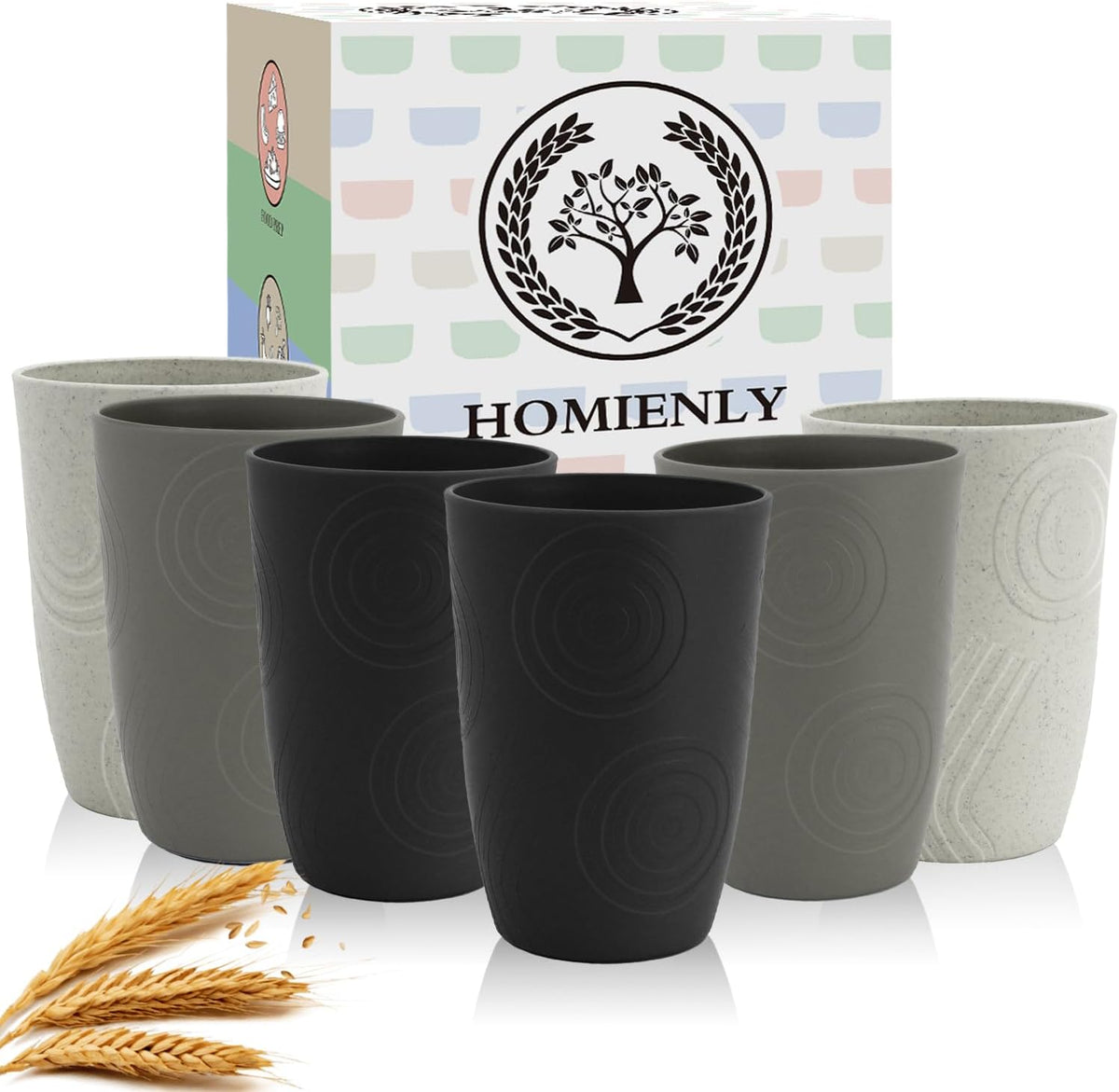 Drinking Glasses 16oz Wheat Straw Cups-Stackable and Reusable Cups, Alternative to Plastic Cups for Iced Coffee, Smoothies,Iced Tea-Black Grey