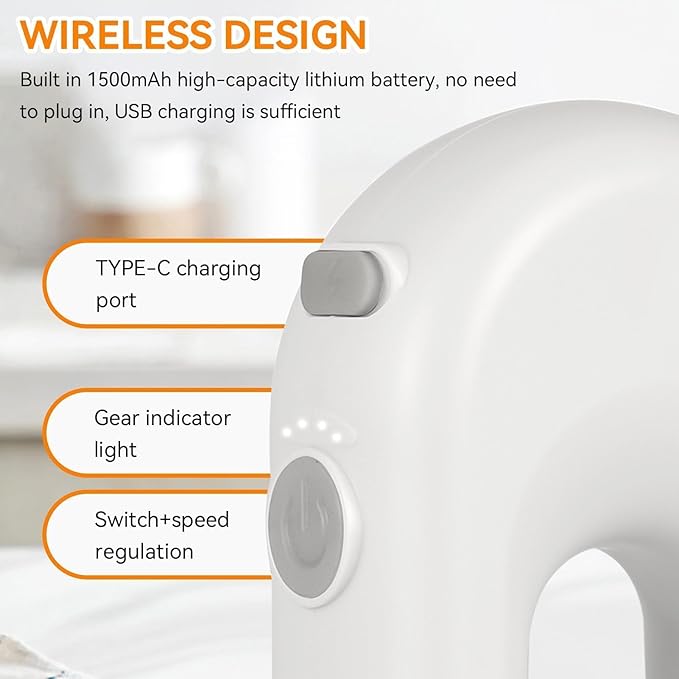 Cordless Hand Mixer, Handheld Egg Beater Electric Handheld 4 Speed Adjustable Mini Hand Mixer Electric Mixer, USB Charing, 1500mAh(White)