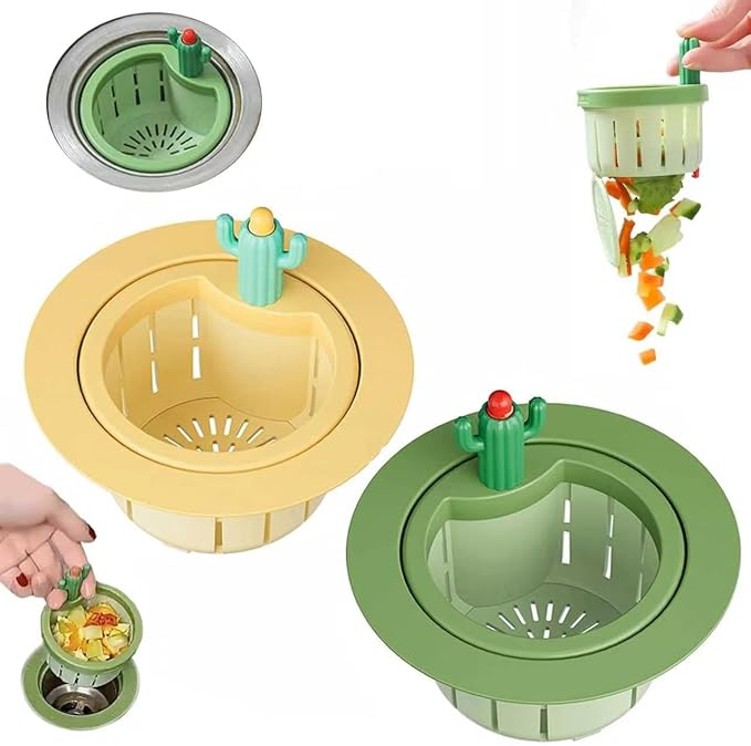 Cactus Kitchen Sink Drain Strainer, 2026 New Upgrade Self-Cleaning Press Dumping Basket, Faucet Hanging Filter Basket, Food Residue Collector Kitchen Bathroom Accessory (Green+Yellow)