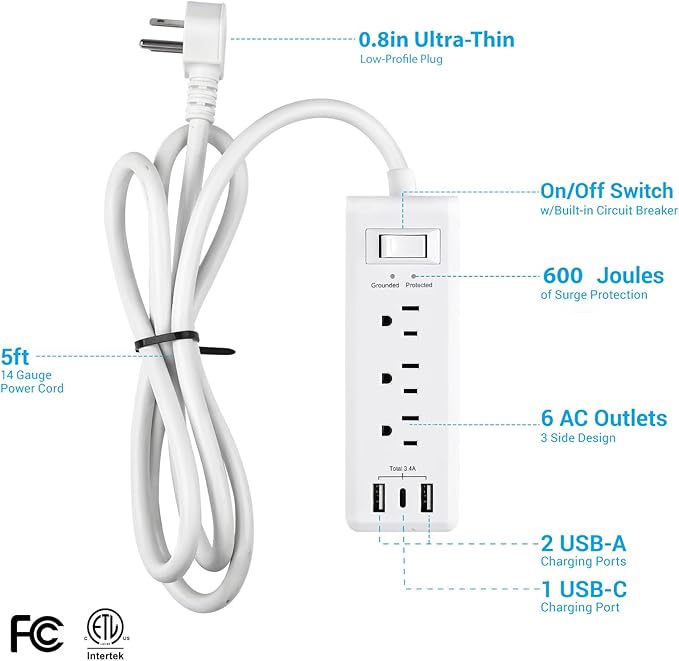 Clear Power 9-Outlet Surge Protector Power Strip with 3 USB Ports(1 USB-C), 5ft Power Cord, Flat Plug, Multi Outlets on 3 Sides, Desktop Charging Station, White, DC3S-1109-DC