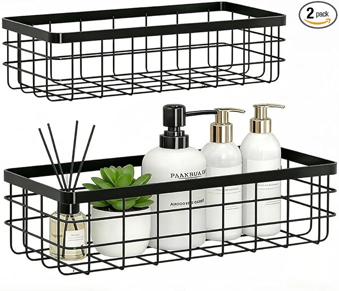 2PCS Hanging Wire Storage Baskets, Metal Wall Organizer, Adhesive Wall Storage Shelves for Kitchen, Bathroom Pantry (Spice Rack, Cabinet Organizer, Shower Caddy) Black-M+L