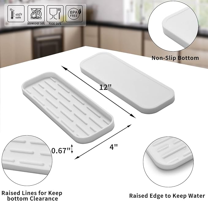 MicoYang Silicone Kitchen Sink Organizer Tray for Multiple Usage,Eco-Friendly Sponges Holder for Kitchen Bathroom Counter or Sink,Dish Soap Dispenser,Scrubber,Bottle,Cup (White, 12"×4")