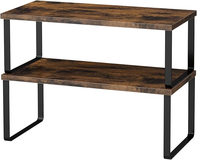 OGEMXU Cabinet Shelf Organizers, 15.7 inches Large Kitchen Counter Shelf, Set of 2 Wood Kitchen Pantry Organizer, Storage Shelves for Countertop, Spice Rack, Stackable, Expandable, Metal Black, Brown