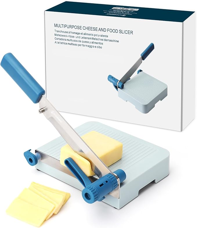 KITCHENDAO Multipurpose Cheese Slicer Cutter with Board for Arthritic and Weak Hands, Adjustable Thickness Dial for Block Cheese, Effortless Slicing, Guillotine Sausage Ham Biltong Jerky Slicer