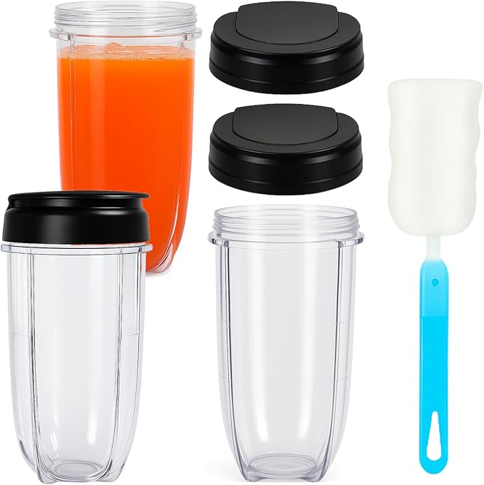 Poweka 16OZ Replacement Cups with Flip Top To-Go Lids Compatible with Magic Bullet 250W MB1001 Blenders Juicer Milk Juicer Mixer Accessories, 3 Packs Repalcement Parts with Brush