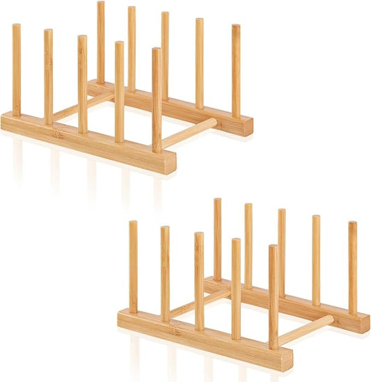 2 Pack Bamboo Wooden Dish Rack-Plate Pot Lid Cutting Board Organizer Holder Rack for Cabinet-Kitchen Cabinet Organizer for Dish, Pots, Lids, Bowls, Bottles, Books, and Puzzle