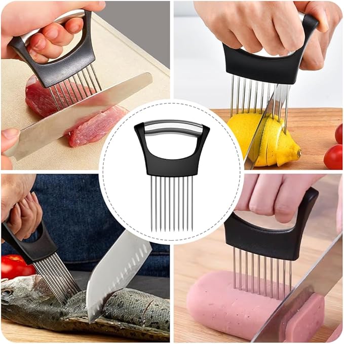 Onion Holder for Slicing, Stainless Steel Vegetable Slicer Cutter, Multifunctional Onion Slicing Tool for Tomato, Potato, Lemon, Meat, Easy Home Kitchen Chopper Assistant (3 Pack)
