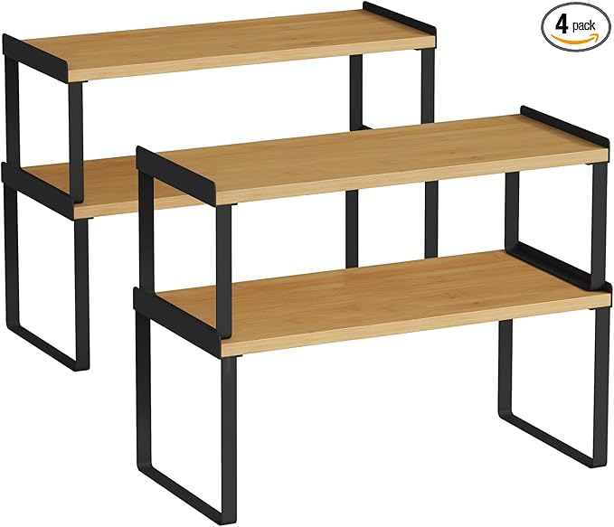 Goozii Kitchen Cabinet Organizer Shelf Set of 4, Stackable Pantry Cupboard Countertop Storage and Organizer, Desk Shelf Riser, Spice Plate Cup Expandable Storage Rack,(Black Bamboo) Large