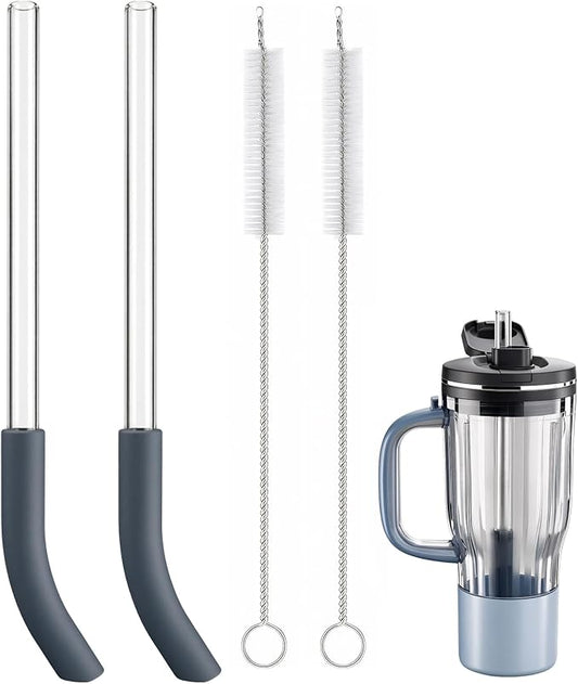 Replacement Straw Compatible with Ninja BlendBOSS Personal Smoothie Blender Tumbler, 2-Pack Reusable Drinking Straw with Cleaning Brush, Glass, Gray