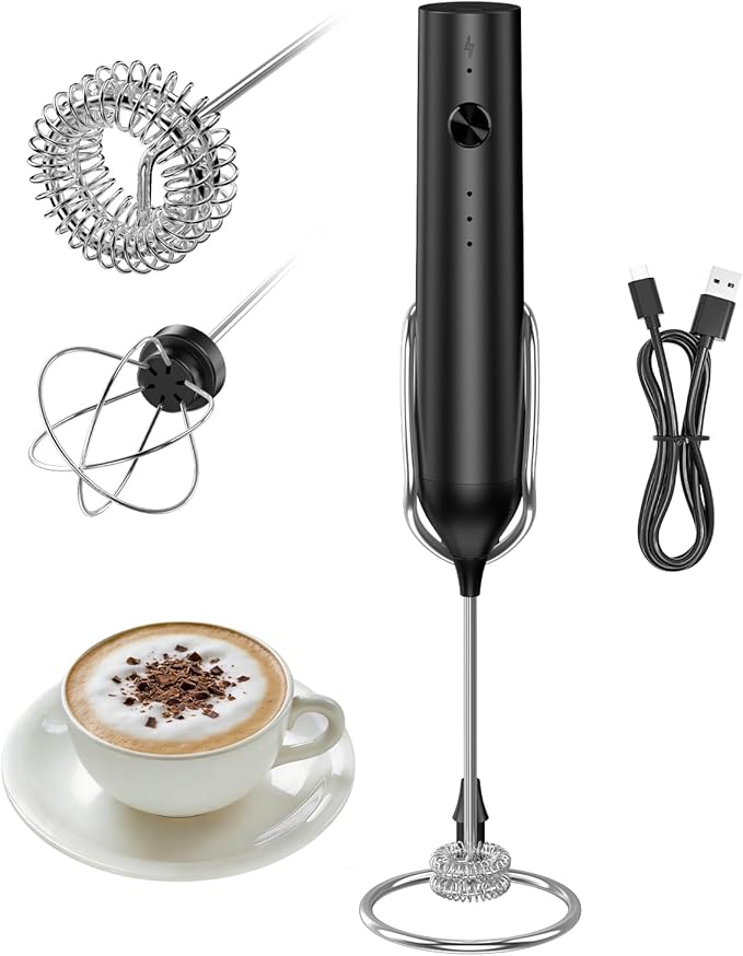 Rechargeable Milk Frother Handheld, Electric Whisk with 3 Speeds, Hand Drink Mixer with 2 Heads, Portable Coffee Frother Wand Handheld for Coffee, Lattes, Cappuccino, Eggs (Black)