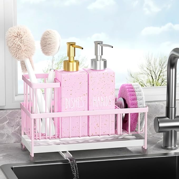 Cisily Kitchen Soap Dispenser Set with Sink Caddy, Glass Bottle, Hand and Dish Soap Dispenser Set with Sponge Holder (Pink Bottles + Pink Sponge Holder)