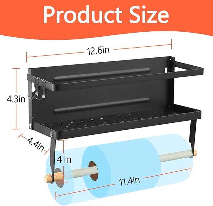 Magnetic Shelf with Paper Towel Holder for Fridge/Washing Machine/Garage, Magnet Kitchen Spice Rack for Refrigerator, Wall Mount Storage Organizers (Black)