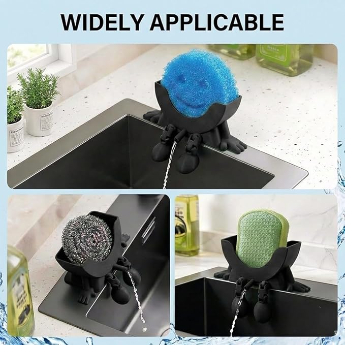 Creative Hanging Sponge Holder with Drainage/Traceless Glue, 3D Printing Countertop Funny Sponge Holders for Kitchen Sink, Keeps Your Sponge Dry & Smiling, for Scrub Daddy Holder (1, Black)