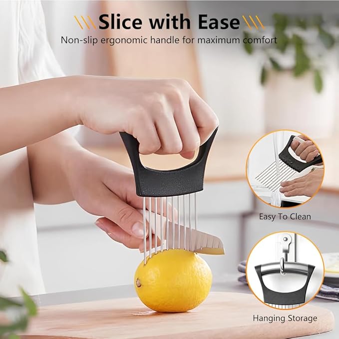 Onion Holder for Slicing, Stainless Steel Onion Slice Holder, Lemon Slicer Vegetable Cutter, Chopper Slicing Assistant for Meat, Onion, Potato, Tomato - Kitchen Tool (2 Piece)