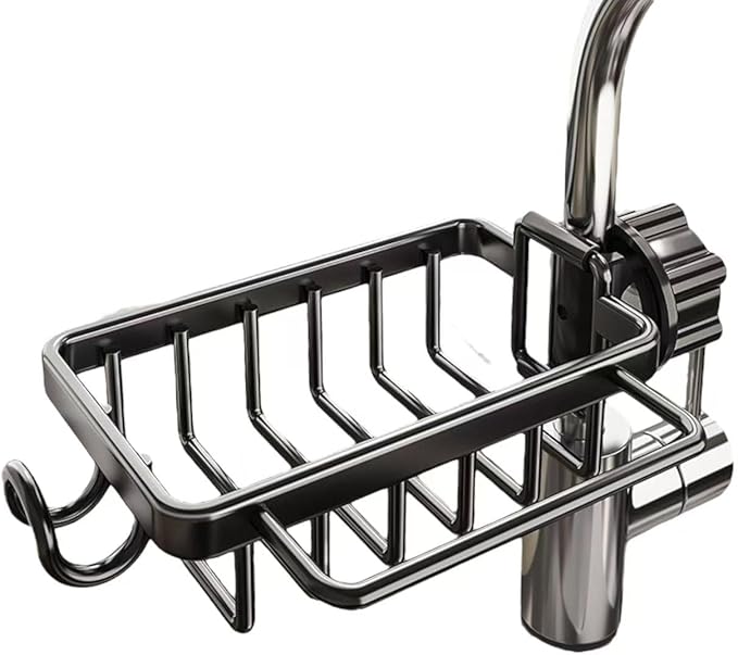 Kitchen Sink Faucet Organizer, Dish Sponge Holder Over Faucet Kitchen Sink Caddy Organizer with Hook for Bathroom, Scrubbers, Soap, Work with 0.7-1.1inch Round Water Pipe (Black,Left)