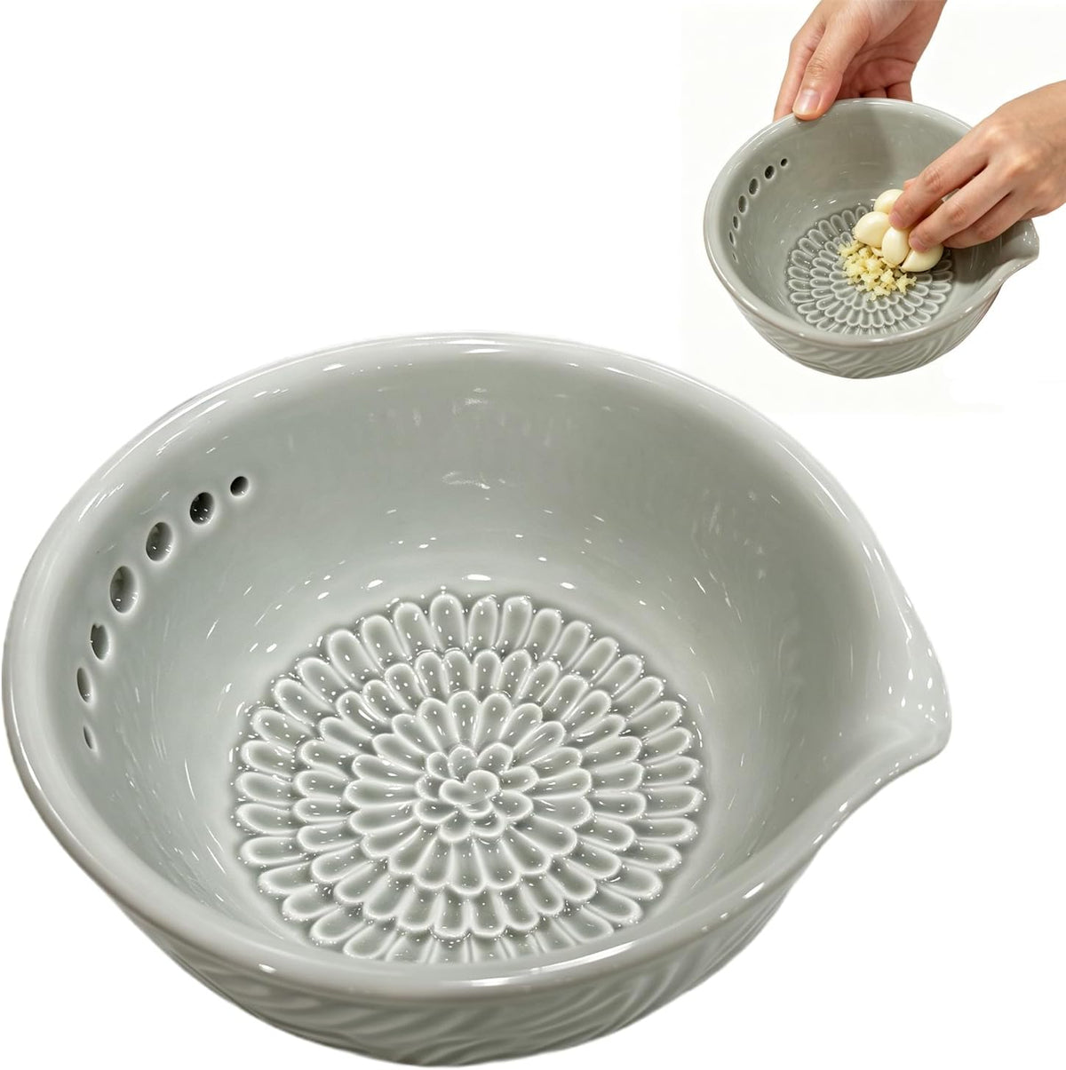 Garlic Grater Plate, Herb Stripper Bowl, Handmade Garlic Grater Herb Bowl, Grater Plate With Drainage Port, Easy Cook For Garlic, Herb, Ginger, Cooking Lover (7-hole light green)