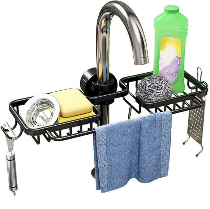 BusyLive Kitchen Sink Faucet Organizer,2024 New Sink Drain Rack Sponge Storage, Adjustable Detachable Sponge Holder for Kitchen Faucet, Sink Drain Holder for Soap, Shampoo, Shower Shelf (Twins)