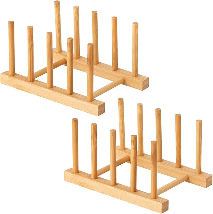 Bamboo Wooden Dish Rack, Plate Organizer for Cabinet Space Saver and Kitchen Counter, Bowl/Cup/Pot Lid/Cutting Board Drying Holder (4 Slots)