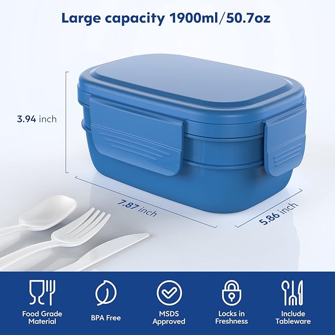 HOMETALL Stackable Bento Box Adult Lunch Box, Large Capacity 1900ml Lunchbox with Utensil Set, Leak-Proof for Dining Out, Work, Picnic, School