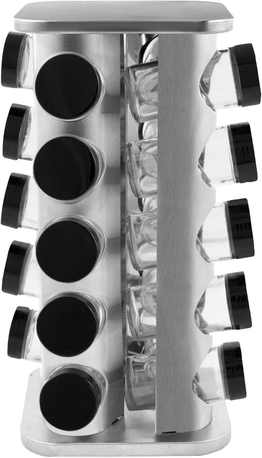 20 Jar Rotating Stainless Steel Spice Rack - No Spices - Black Lids