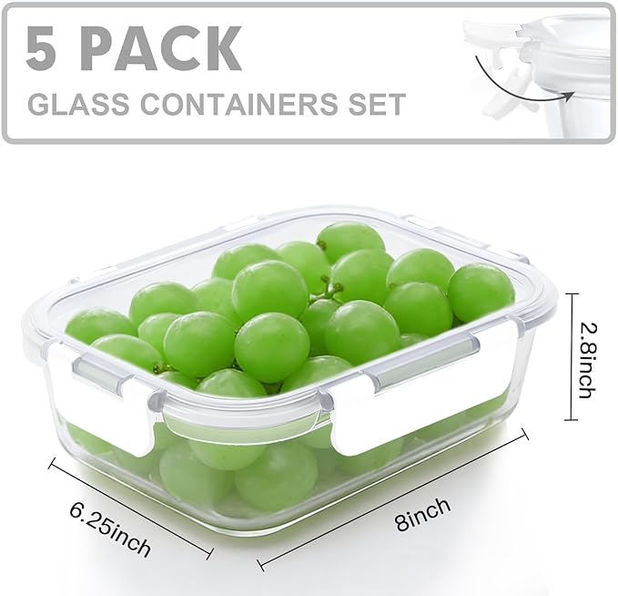 5 Pack 36 OZ Glass Meal Prep Containers, White