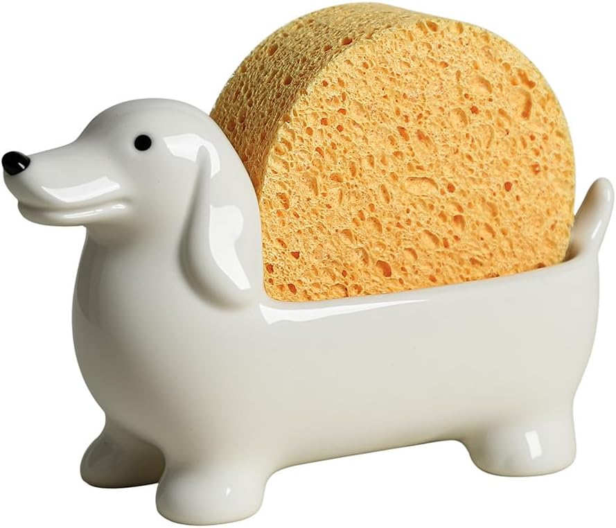Ceramic Dachshund Shaped Sponge Holder for Kitchen Sink Counter, Sponge Rack, Sink Caddy Organizer