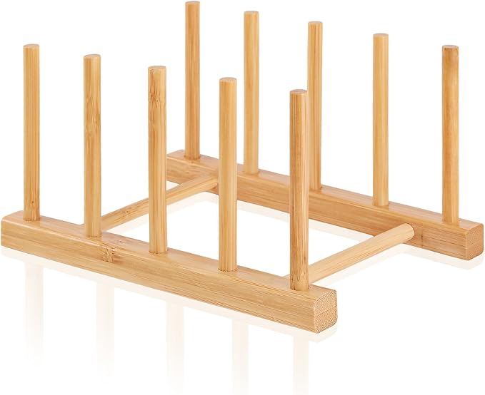 1 Pack Bamboo Wooden Dish Rack-Plate Pot Lid Cutting Board Organizer Holder Rack for Cabinet-Kitchen Cabinet Organizer for Dish, Pots, Lids, Bowls, Bottles, Books, and Puzzle