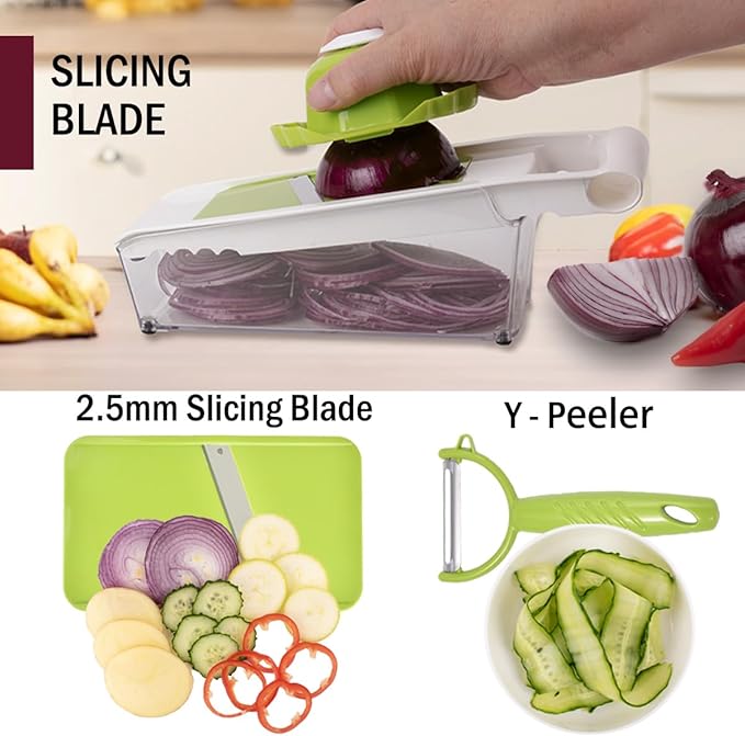 NACOLUS Cheese Grater with Container,5 In 1 Mandoline Slicer for Kitchen,Multi Purpose Vegetable Slicer, Easy to Clean Vegetable Chopper,Cheese Shredder,Julienne Slicer and Peeler