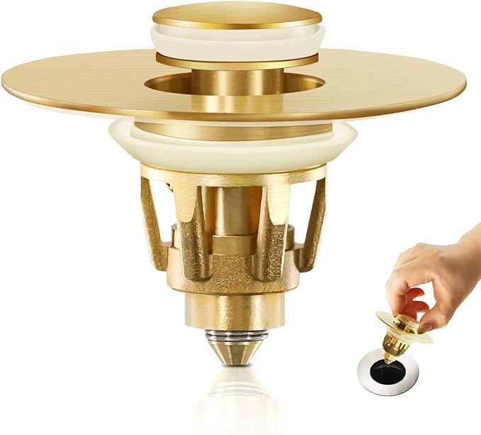 Gold Bathroom Sink Stopper – Pop Up Drain Stopper & Strainer, 2-in-1 Universal Sink Stopper, Compatible with 1.1" to 1.5" Bathroom Sink Drain Pipes, Gold Matte Brushed Finish