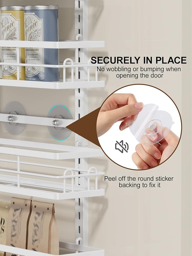 Delamu Over the Door Pantry Organizer, 6 Tier Pantry Door Organizer with Adjustable Basket, Door Spice Rack Seasoning Organizer, Metal Hanging Pantry Organizers and Storage for Kitchen,15.3" White