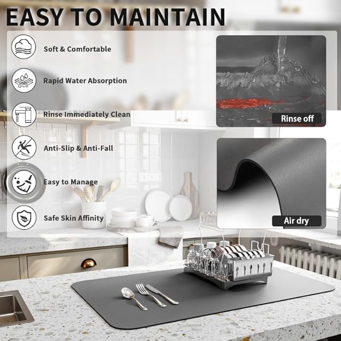 HotLive Dish Drying Mat for Kitchen Counter, Heat Resistant Drainer Mats with Non-slip Rubber Backed, Hide Stain Kitchen Super Absorbent Draining Mat, Easy to Clean Dish Rack Pad, Dark Grey 16"x20"
