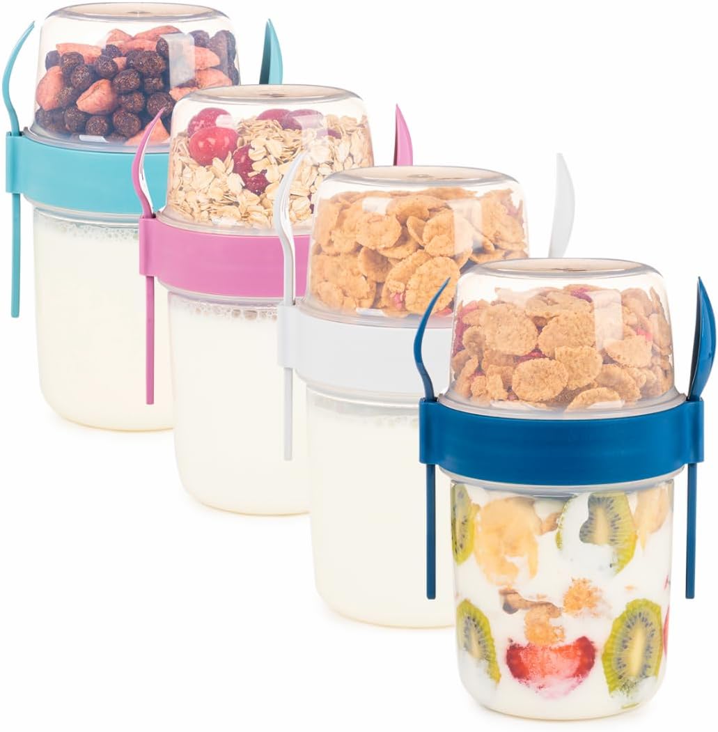 4 Pack Breakfast 22 oz On The Go Cups with Lids and Spoon, Reusable Cereal Yogurt Cup with Topping Plastic Overnight Oats Container for Granola Oatmeal (22 oz - 4 Pack)
