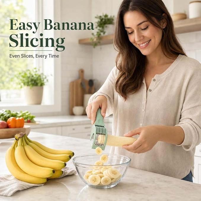 Banana Slicer Multi-Functional Banana Cutter Perfect as Grape Cutter & Strawberry Slicer, Kitchen Gadget for Fruits & Vegetables, Safe for Kids & Dishwasher Safe (Green)