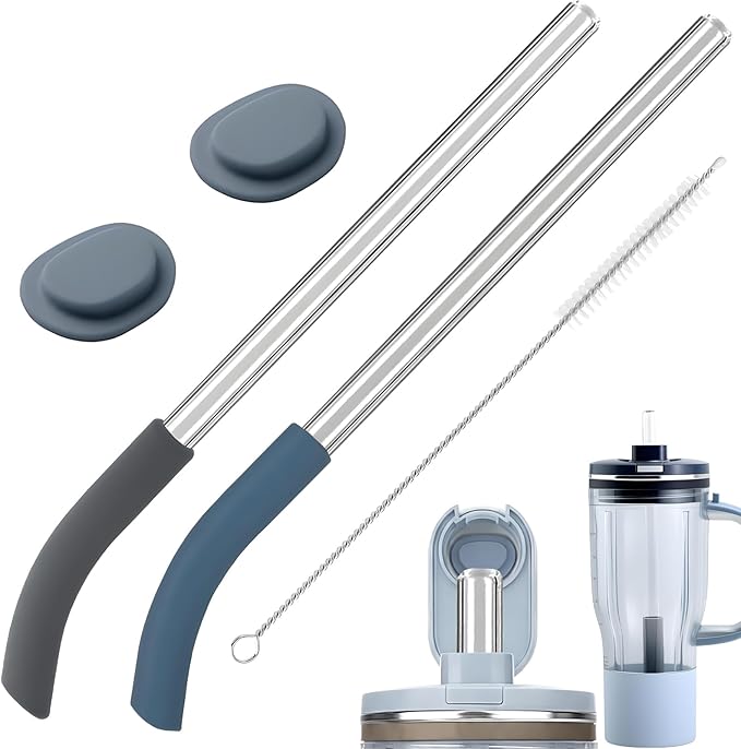 2 Pack Replacement Straw for Ninja BlendBOSS Personal Smoothie Blender Tumbler, 2* Reusable Glass Straws With 2* Spout Lid Plug Seal Compatible With Ninja BlendBOSS Travel Tumbler